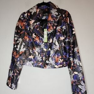 NWT Sam Edelman Vegan Leather Dark Floral Crop Moto Asymmetrical Zip Jacket XL
